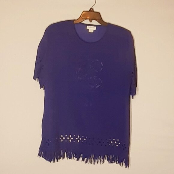 REBEKAH Vintage Short Sleeve Knit Top w Fringe; Purple; Plus Size - Picture 1 of 6